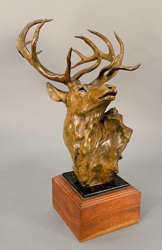 Sherry Salari Sander (b. 1941),  Elk Bust,  signed, numbered, and dated on base of bronze 27/35 1989,  Trailside Galleries lab...
