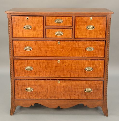 Federal chest with tiger maple drawer fronts and twisted columns, circa 1800.  ht. 49 1/2 in., wd. 45 1/2 in.