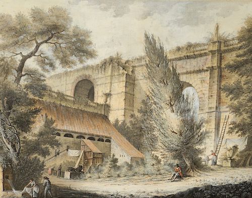 Alexis Nicolas Perignon (1726-1782),  pen and grey ink watercolor,  "Roman View",  Ruined aqueduct next to a farmhouse,  Mus...