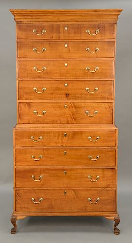 Chippendale  maple chest on chest in two parts, upper portion with five drawers on lower portion having four drawers set on brandy legs, 18th cen...