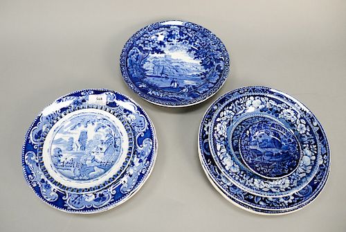 Ten piece lot of Historic Staffordshire bowls and plates, English Scenes including Playing Art Draughts, The Escape of the Mouse, St...