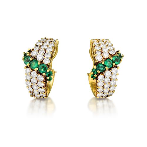 A Fine Pair of Emerald and Diamond Earclips