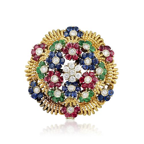 A Multi-Colored Gemstones and Diamond En-Tremblant Brooch