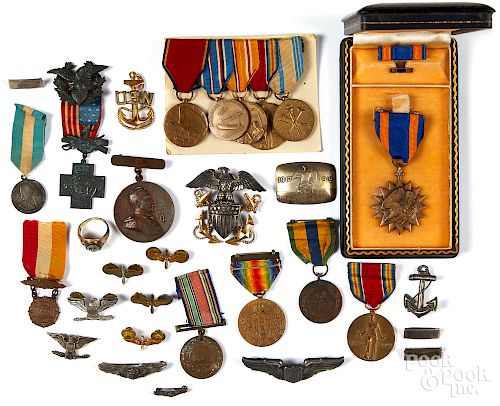 Collection of military ribbons, medals and pins
