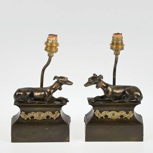Pair small bronze whippet chenets mounted as lamps