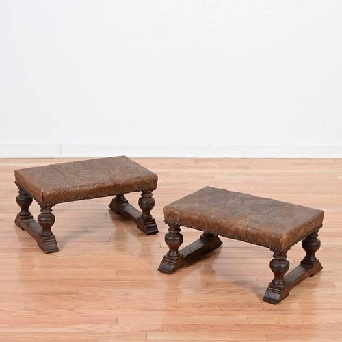 Pair Spanish Baroque style turned walnut footstools
