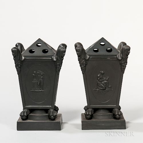 Pair of Turner Black Basalt Bough Pots and Covers
