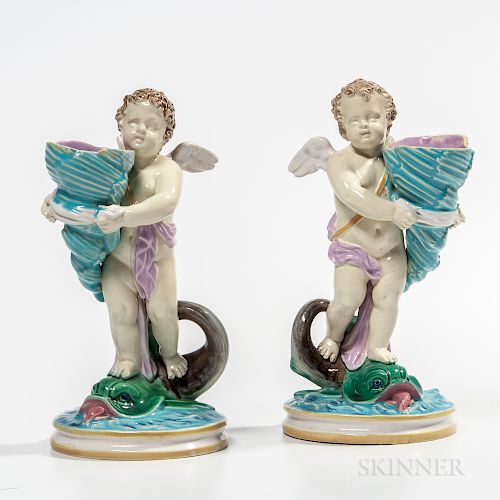 Pair of English Majolica Cupid Figures