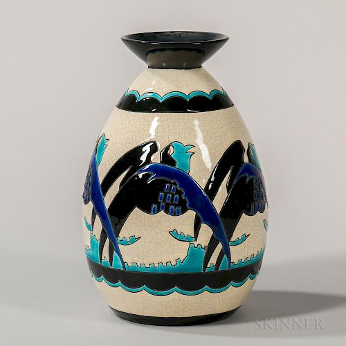 Boch Freres Keramis Vase with Stylized Birds
