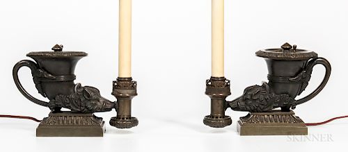 Pair of Grand Tour Regency-style Bronze Colza-oil Rhyton Lamps