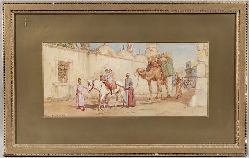 Tristram James Ellis (British, 1844-1922)  Procession with Youngsters on a Donkey and a Laden Camel in an Egyptian Village
