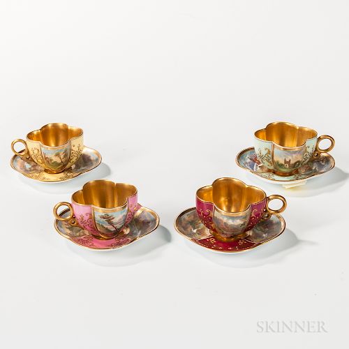 Four Miniature Coalport Porcelain Cups and Saucers