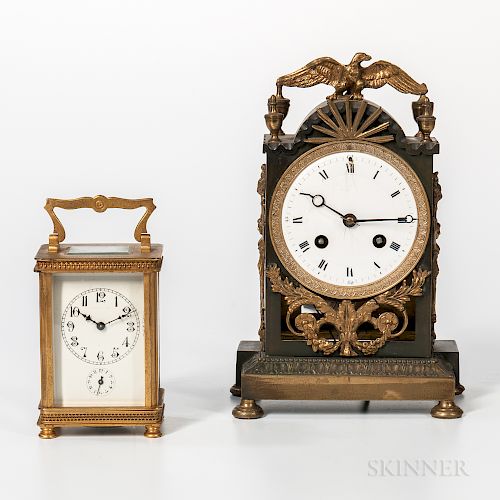 Gilt-brass Carriage Clock and Patinated- and Gilt-brass Shelf Clock