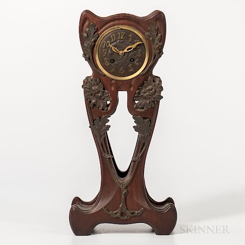 Art Nouveau Mahogany and Patinated-bronze-mounted Mantel Clock