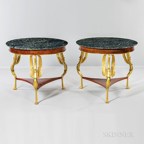 Pair of Verde Antique-top Ormolu-mounted Walnut-veneered Center Tables