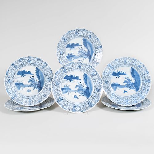 Set of Six Chinese Blue and White Porcelain Lobed Dishes Decorated with Hunting Scenes