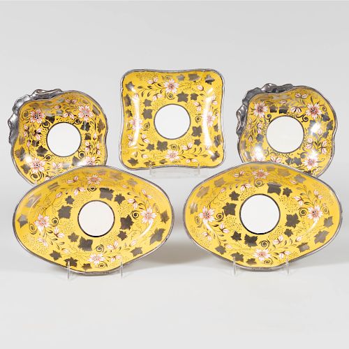 Set of Five English Canary Ground and Silver Luster Decorated Pearlware Porcelain Dishes