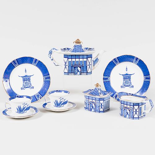 Mottahedeh Transfer Printed Blue and White Part Porcelain Dessert Service in the 'Pagoda' Pattern