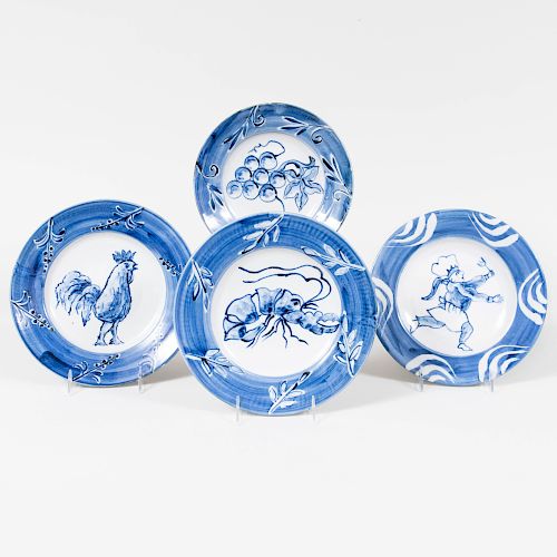 Set of Eight Blue and White Glazed Pottery Plates