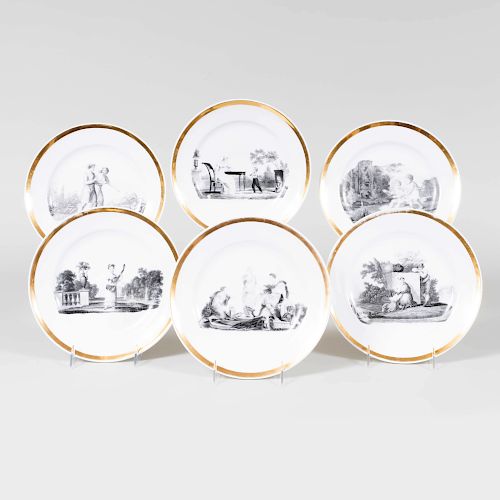 Set of Six Paris Porcelain Transfer Printed Plates Decorated En Grisaille