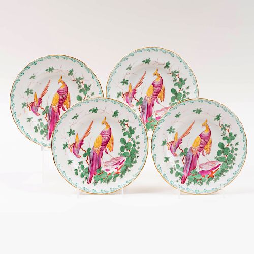Set of Four Royal Crown Derby Porcelain Transfer Printed and Enriched 'Chelsea Bird' Plates