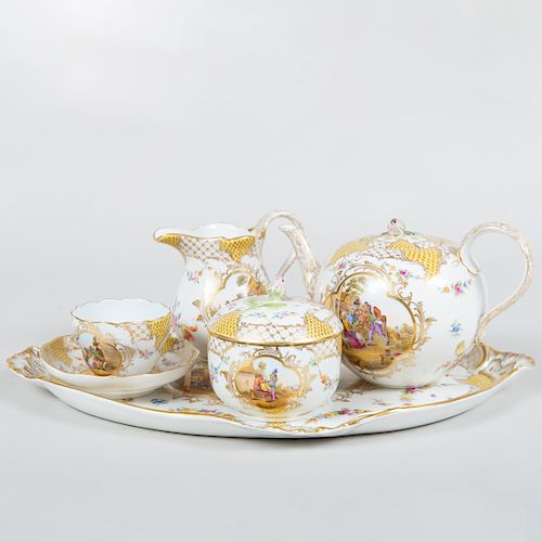 Meissen Style Yellow Ground Porcelain Solitaire Five Piece Tea Set 