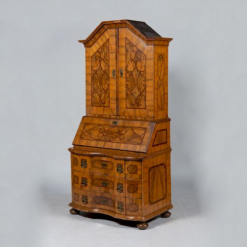 German Baroque Walnut and Fruitwood Parquetry Bureau Cabinet