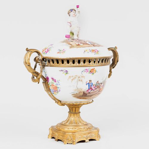 Louis XVI Style Gilt-Metal-Mounted Meissen Porcelain Style Bowl and Cover