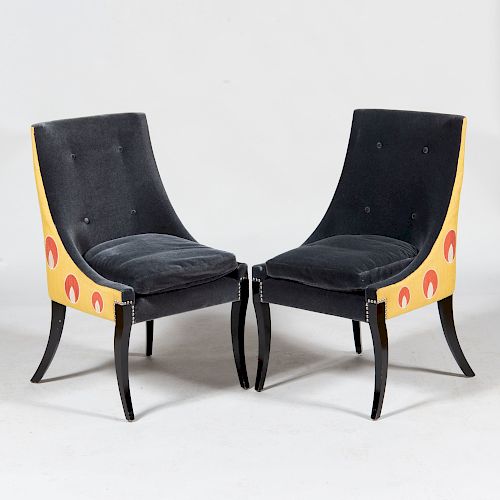 Pair of Art Deco Ebonized and Mohair Upholstered Side Chairs