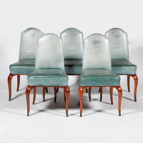 Five Art Deco Style Blue Leather Upholstered Mahogany Side Chairs