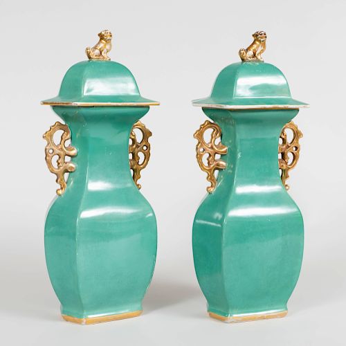 Pair of English Green Glazed and Parcel-Gilt Ironstone Vases and Covers