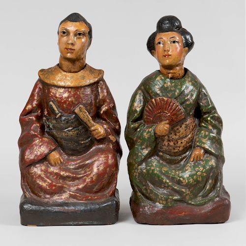 Pair of Chinese Style Painted and Parcel-Gilt Papîer Maché Nodding Head Figures