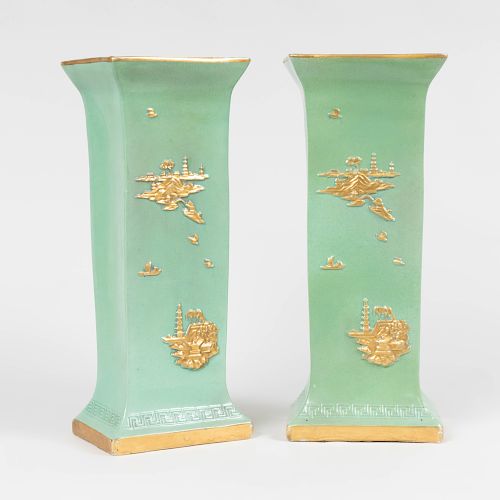 Pair of English Green Glazed and Parcel-Gilt Porcelain Beaker Vases, Decorated in the Asian Taste