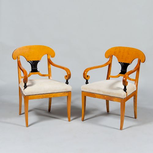 Pair of Biedermeier Style Birch and Ebonized Armchairs
