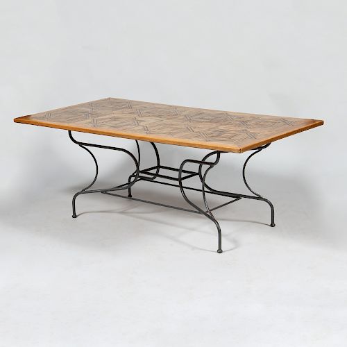Oak Parquetry Top Table on Modern Iron Base