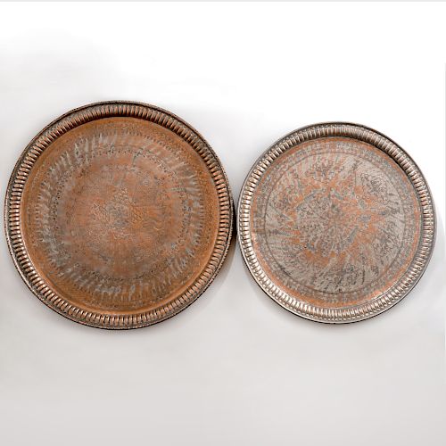 Two Large Indian Engraved Silvered Copper Circular Trays