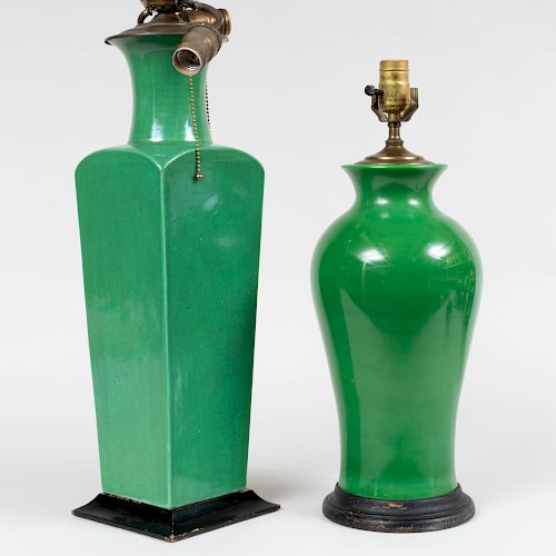 Green Jade Glass Vase and a Green Glazed Porcelain Square Baluster Vase, Each Mounted as a Lamp, Probably Chinese 