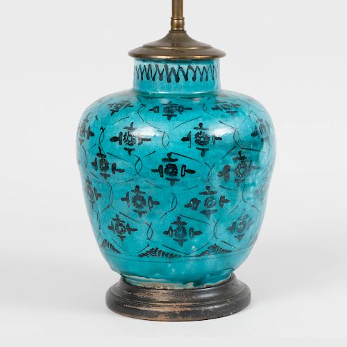 Persian Blue Glazed Pottery, Mounted as a Lamp