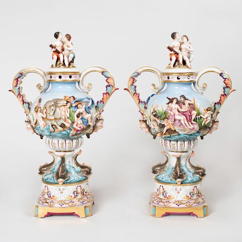 Pair of Capodimonte Porcelain Potpourri Vases with Covers