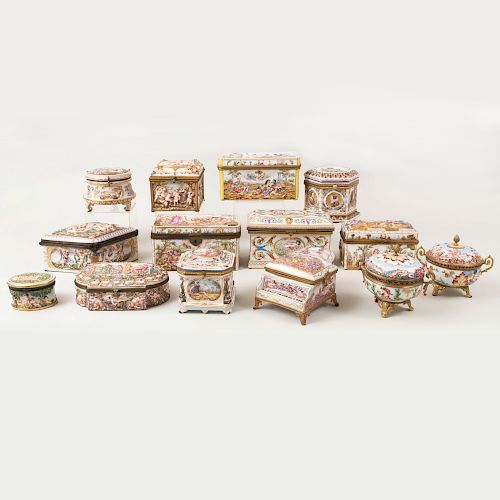 Group of Fourteen Capodimonte Porcelain Boxes