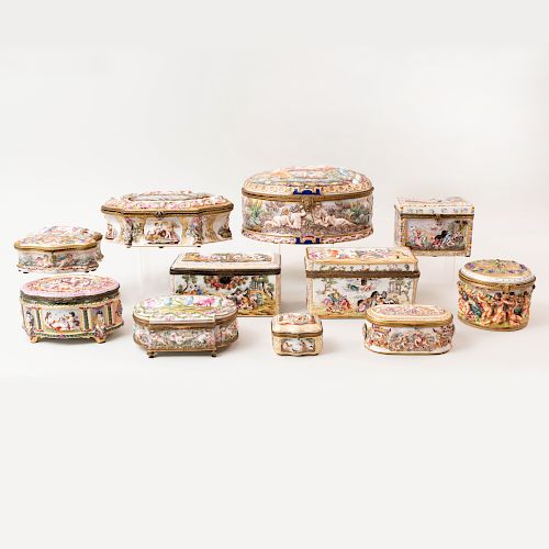 Group of Eleven Capodimonte Porcelain Boxes