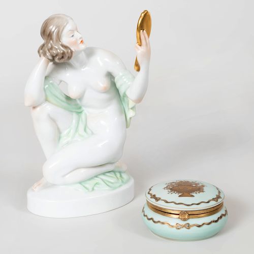 Herend Porcelain Figure of Woman with Limoges Porcelain Box and Cover