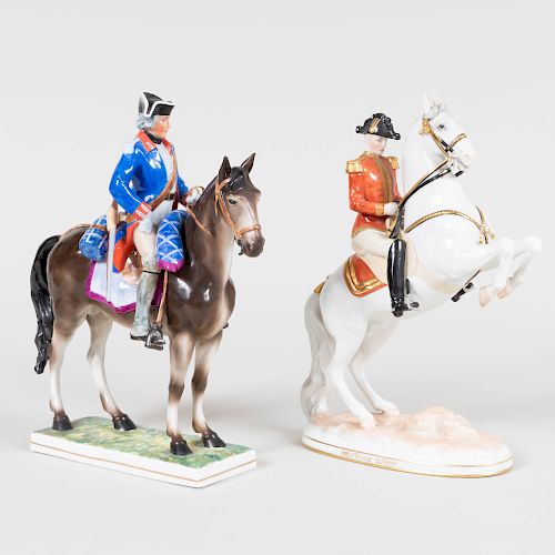 Two Continental Porcelain Military Figures on Horseback