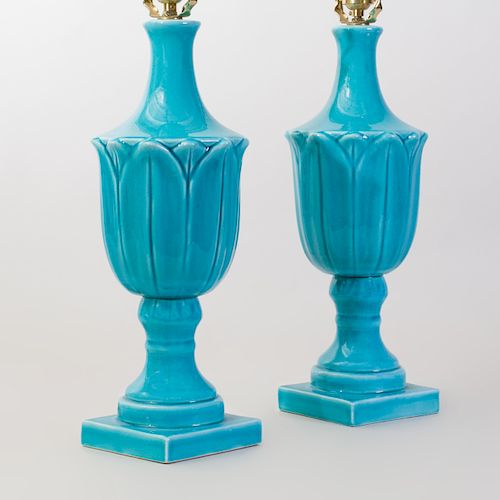 Pair of Turquoise Ceramic Urn Form Lamps, of Recent Manufacture 
