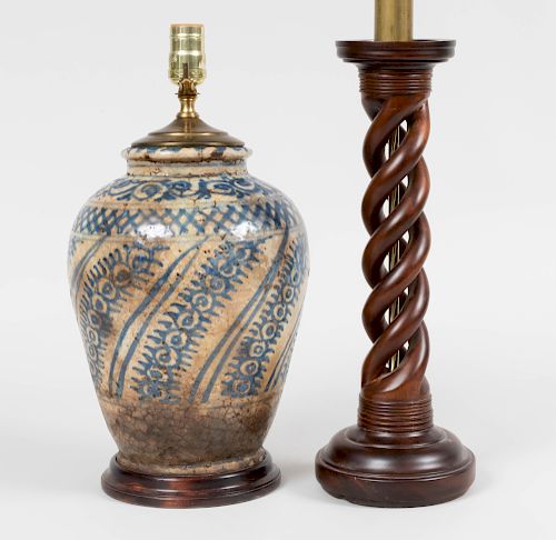 Persian Pottery Vase Mounted as a Lamp and a Turned Wood Table Lamp
