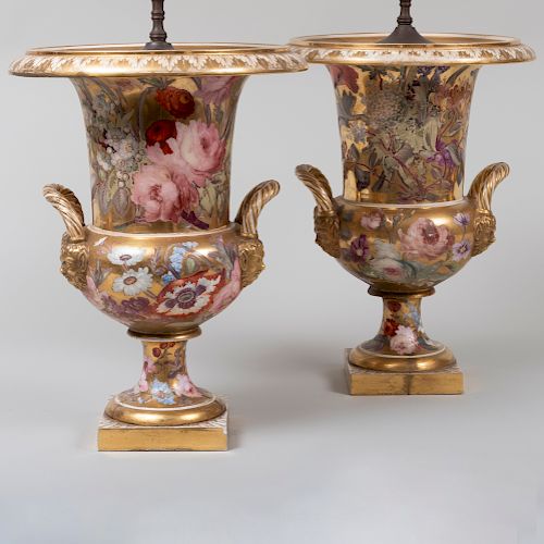 Pair of Derby Style Gold Ground Porcelain Urns, Mounted as Lamps