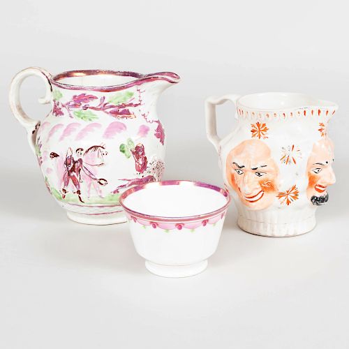 English Porcelain Face Jug, a Lusterware Porcelain Jug and a Teabowl