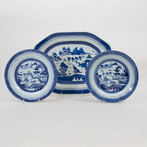 Set of Twelve Canton Blue and White Porcelain Plates and a Platter