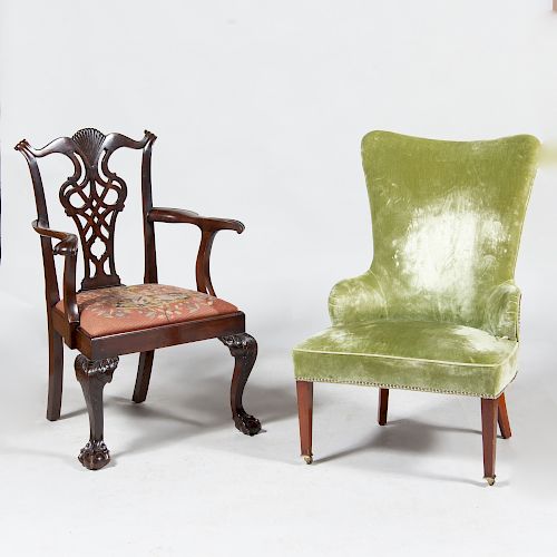 George III Style Mahogany Armchair and a Velvet Upholsterd Chair