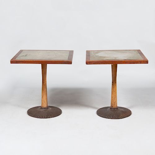 Pair of Oak and Cast Iron Aluminum Top Café Tables